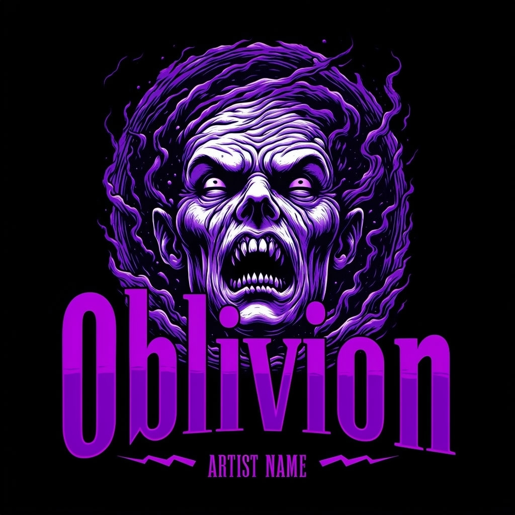 Grotesque Human Face Emerging from Dark Purple Storm Album Cover