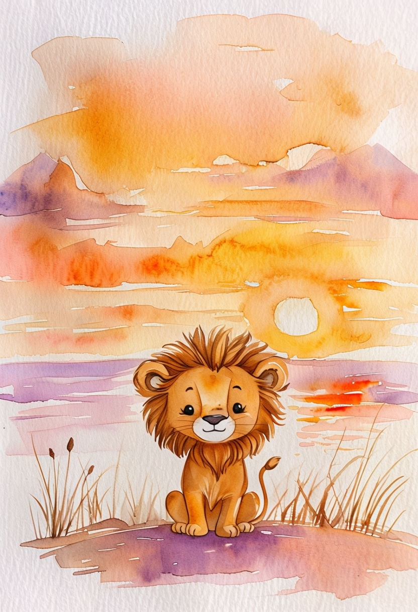 Adorable Baby Lion Watercolor Illustration for Art