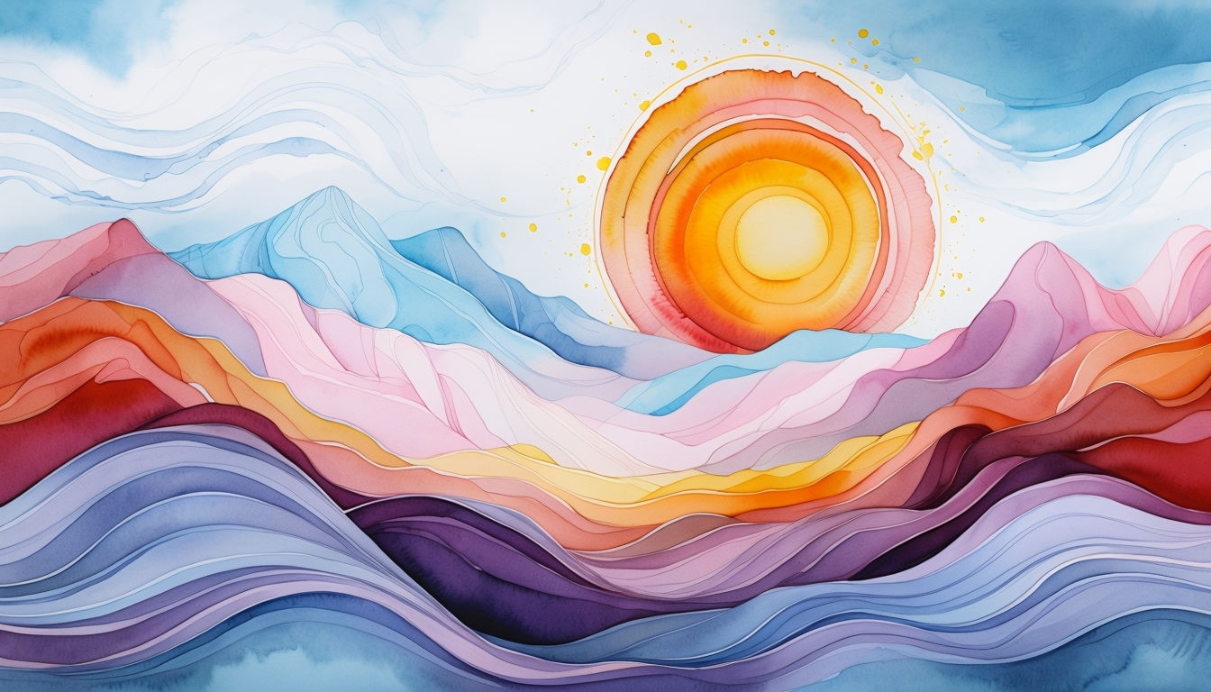 Vibrant Watercolor Abstract Landscape with Flowing Hills Background