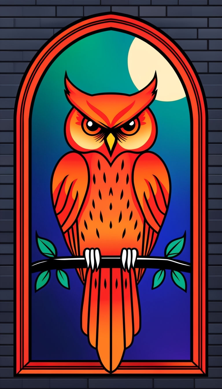 Vibrant Cartoon Owl Illustration in Arched Frame Mobile Wallpaper