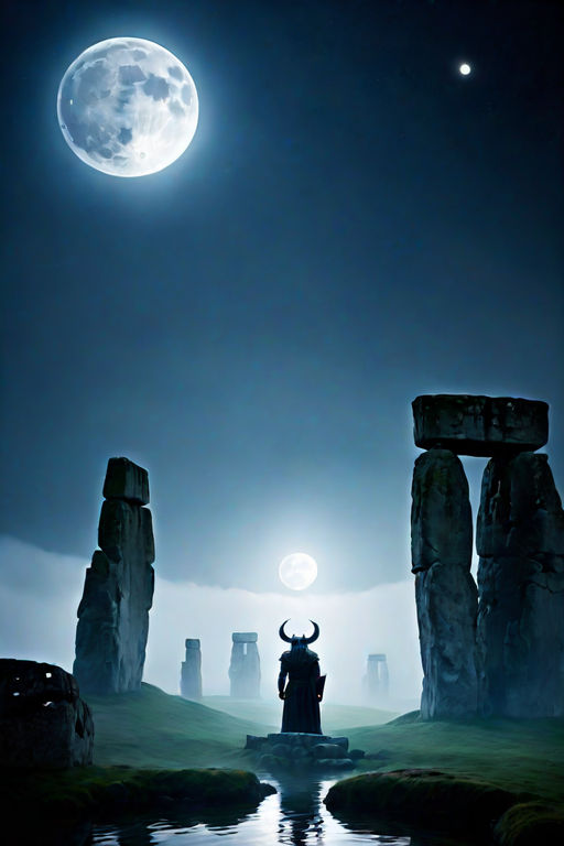 A Celtic demon floats over a misty Stonehenge under a full m... by ...