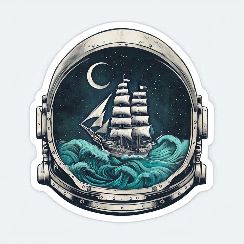 Astronaut Helmet with Sailing Ship and Cosmic Scene Sticker