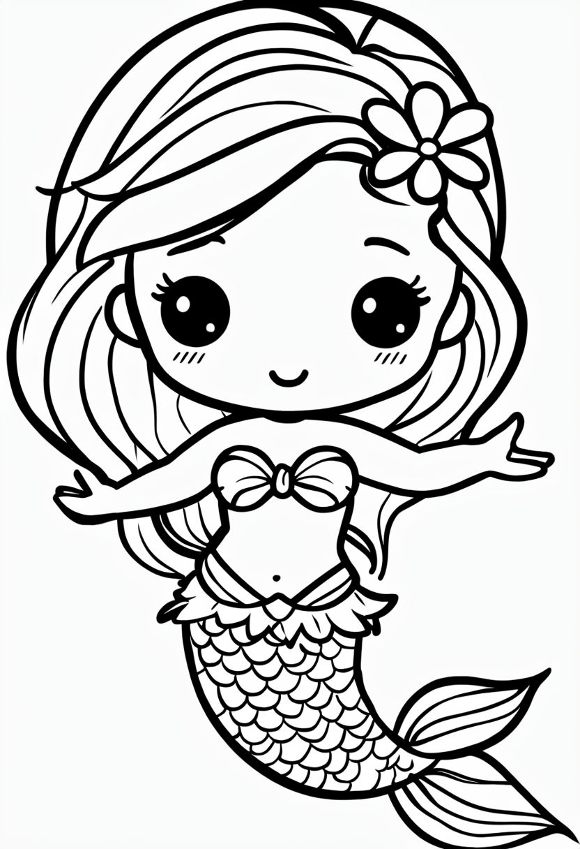 Cute Chibi Mermaid Line Drawing for Coloring Book Sticker