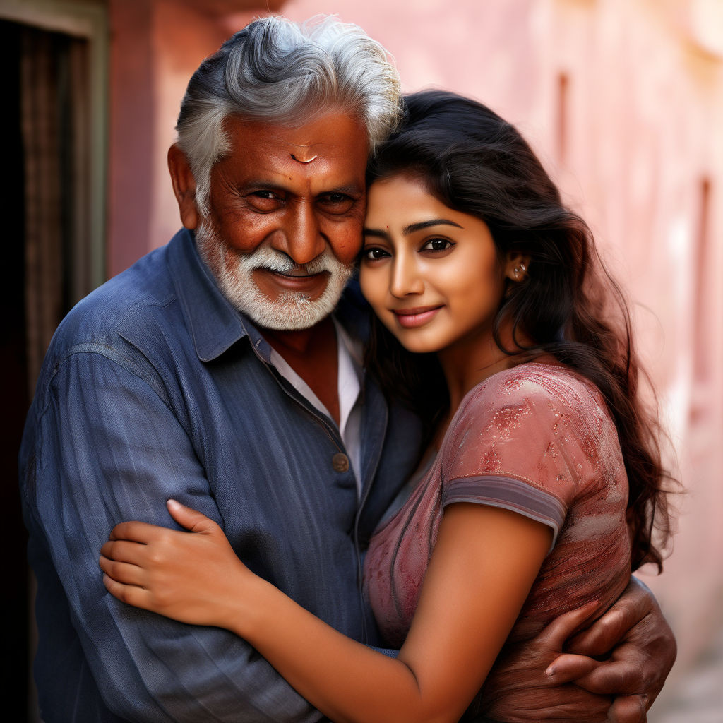 Beautiful young lady hugging south indian poor village dark skin old man  home dress in bed