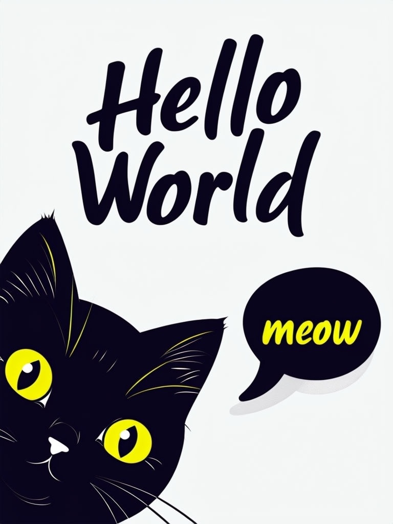 Playful Black Cat Face with Hello World Text Illustration Sticker