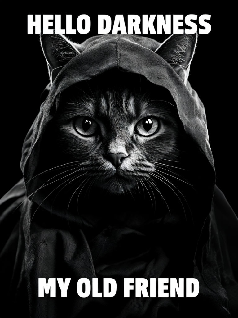 Mysterious Cat in Hooded Robe with Hello Darkness Text Poster