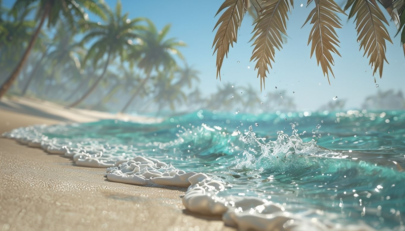 Serene Tropical Beach Scene with Waves and Palm Trees Background