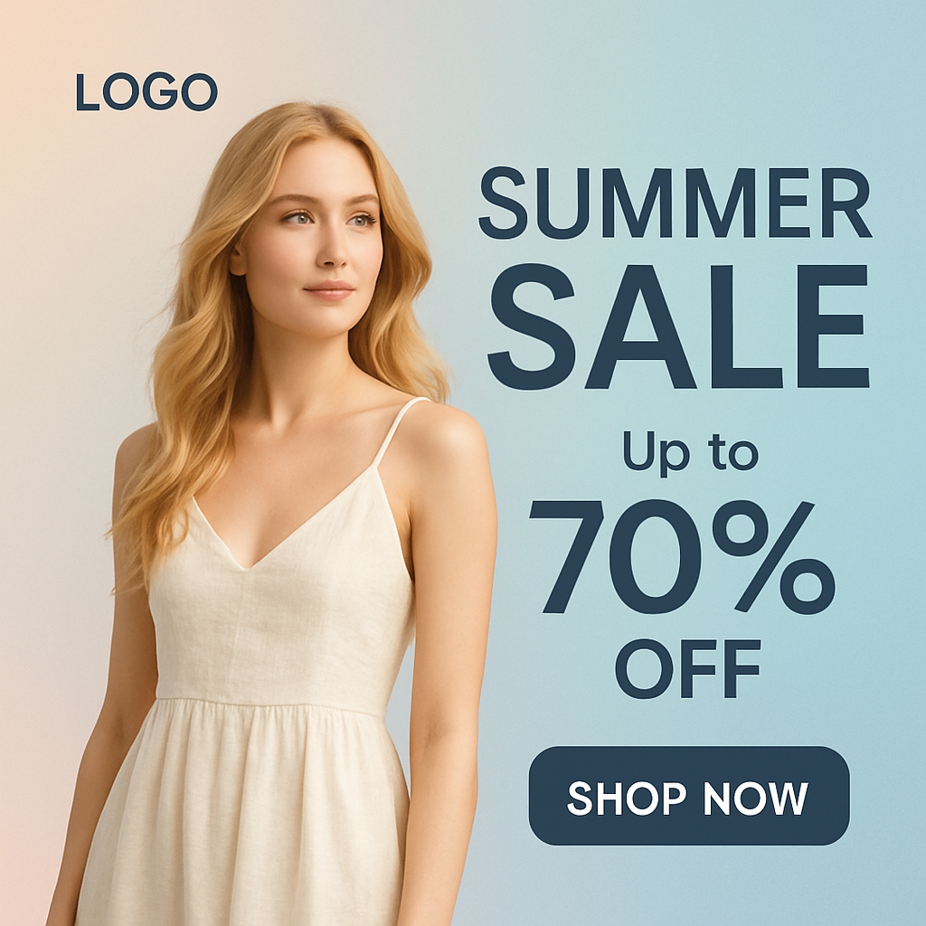 Elegant Summer Sale Promotional Banner with Model and Discount Ads