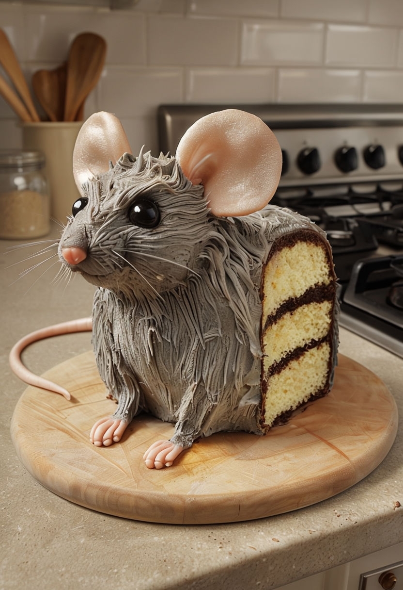Whimsical Mouse-Shaped Cake Delight in Cozy Kitchen Scene Art