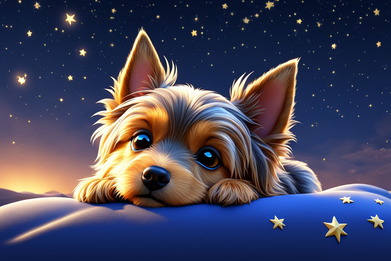 Prompt: cartoon sleeping with  closed eyes cute Australian Silky Terrier puppy cartoon  pixar lullaby 3d animation golden night stars and cobalt sky ultra realistic hd perfect light