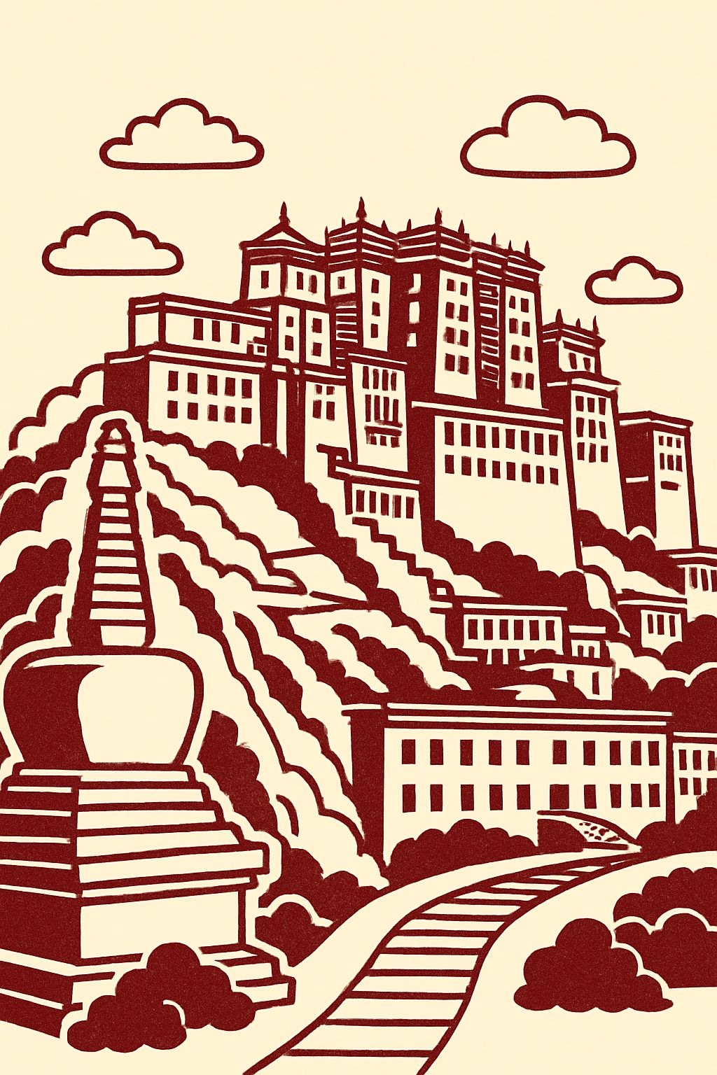 Serene Tibetan Landscape Illustration in Maroon Phone Case Cover