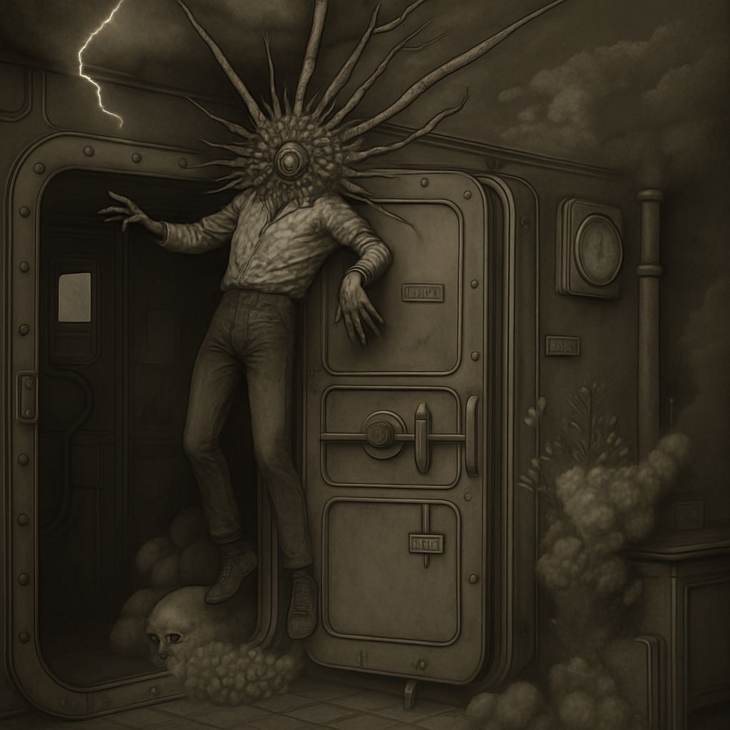 Surreal Sepia-Toned Industrial Scene with Monstrous Creature Art