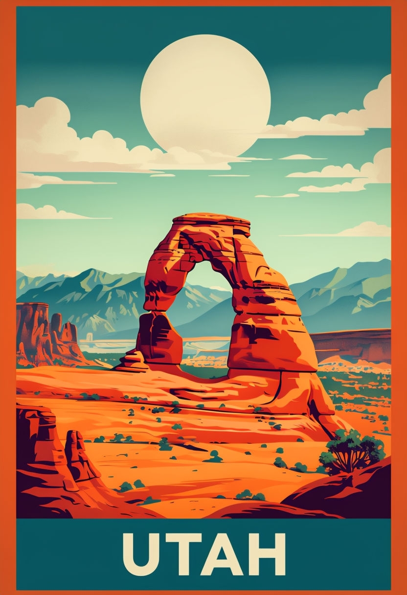 Vintage Utah Landscape Travel Poster with Sandstone Arch Illustration