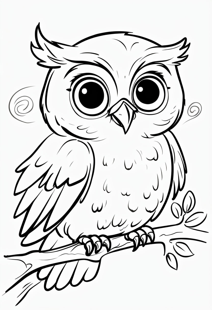 Curious Owl Perched on Branch Bold Line Drawing for Coloring Book Pages