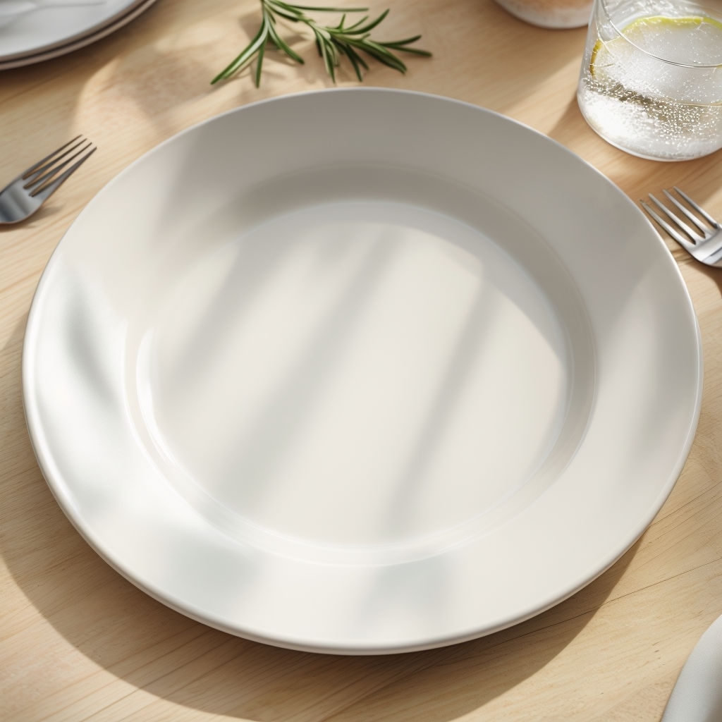 Realistic Blank Ceramic Plate Mockup on Wooden Table Mockup