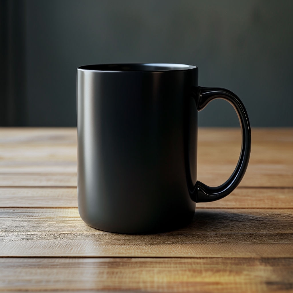 Elegant Black Ceramic Mug on Wooden Table Mockup