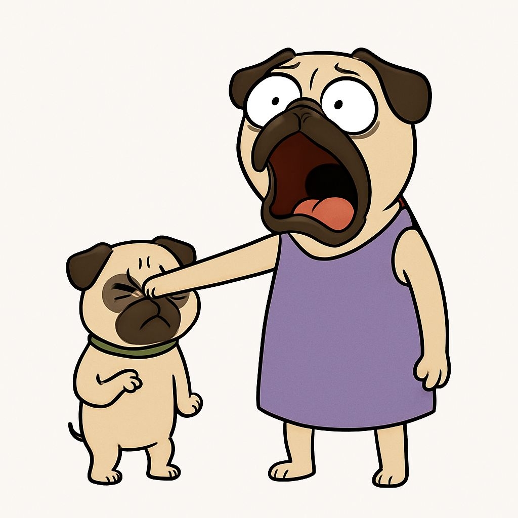 Playful Cartoon Pugs in Comedic Scene Sticker