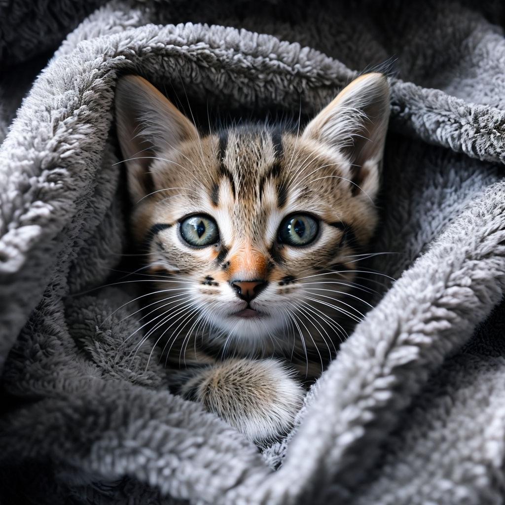 Adorable Tabby Kitten Snuggled in Soft Gray Blanket Art