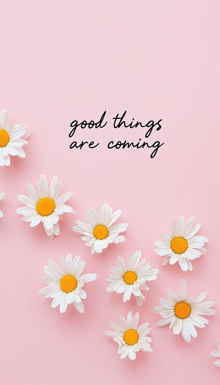 Minimalist Daisies with Uplifting Quote on Pink Background Mobile Wallpaper