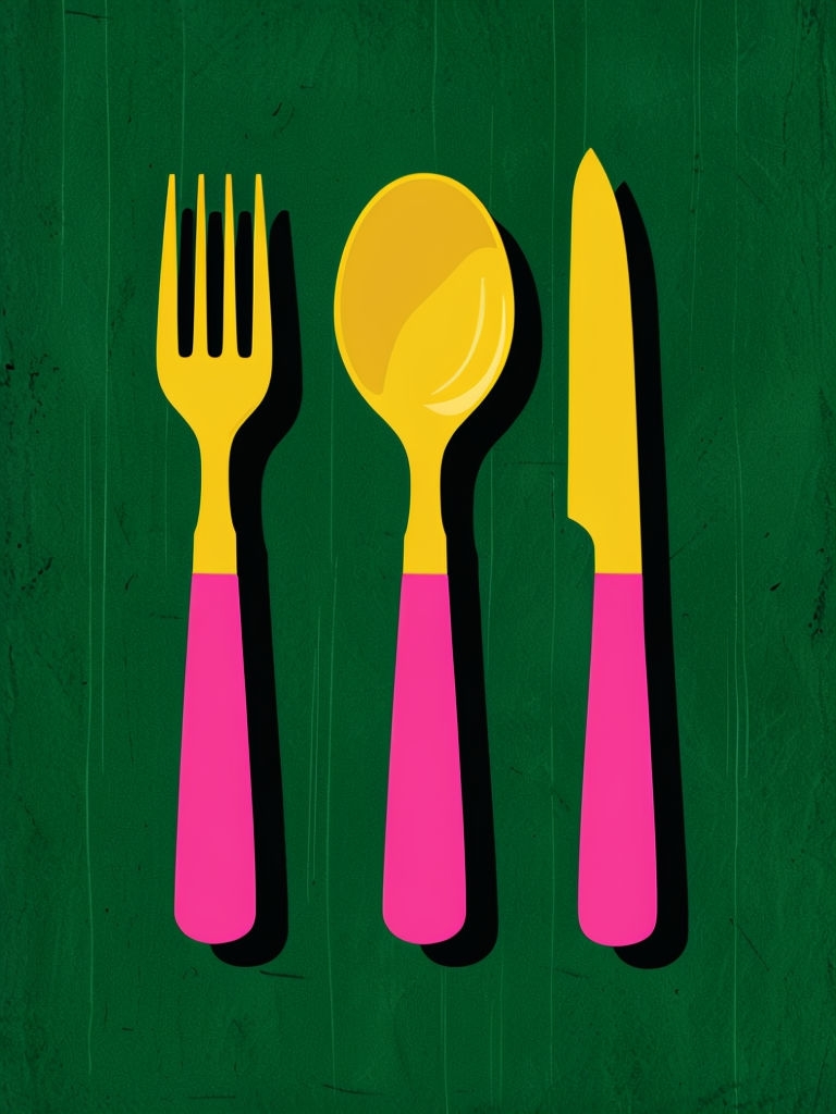 Vibrant Minimalist Utensils Illustration on Forest Green Poster