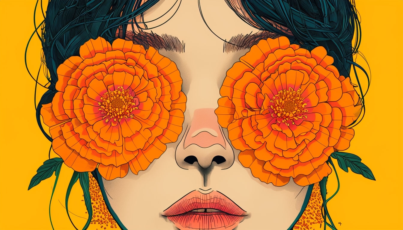 Surrealistic Human Face with Marigold Flowers Virtual Background