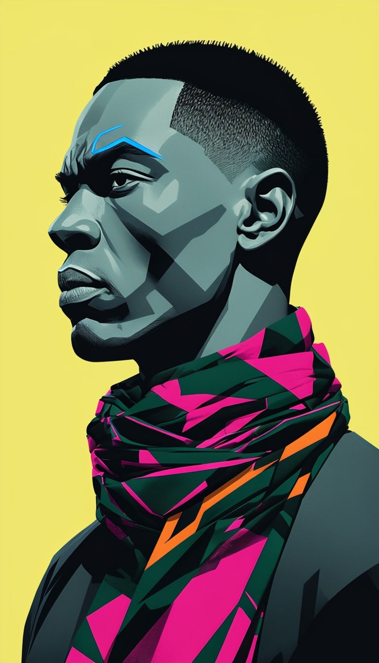 Bold Male Profile Illustration with Vibrant Scarf Art