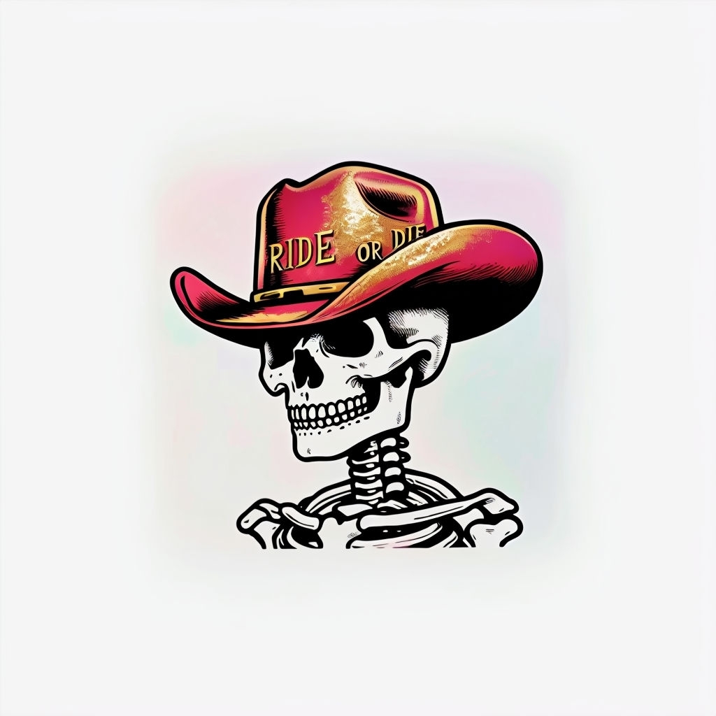 Vibrant Cowboy Hat Skeleton Design with Ride or Die Phrase T-Shirt