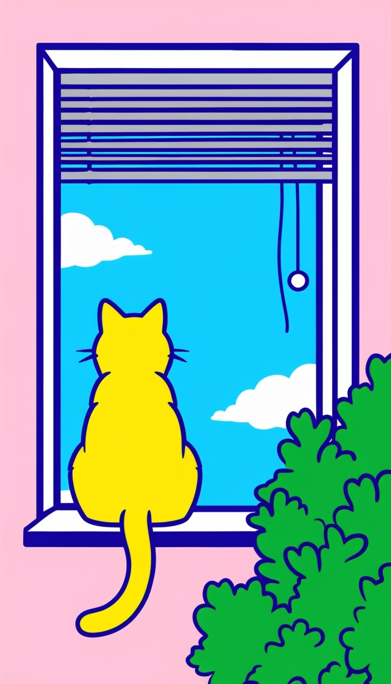Charming Yellow Cat on Window Sill with Blue Sky and Clouds Mobile Wallpaper