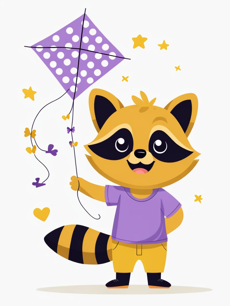 Cheerful Cartoon Raccoon Flying a Polka Dot Kite Sticker