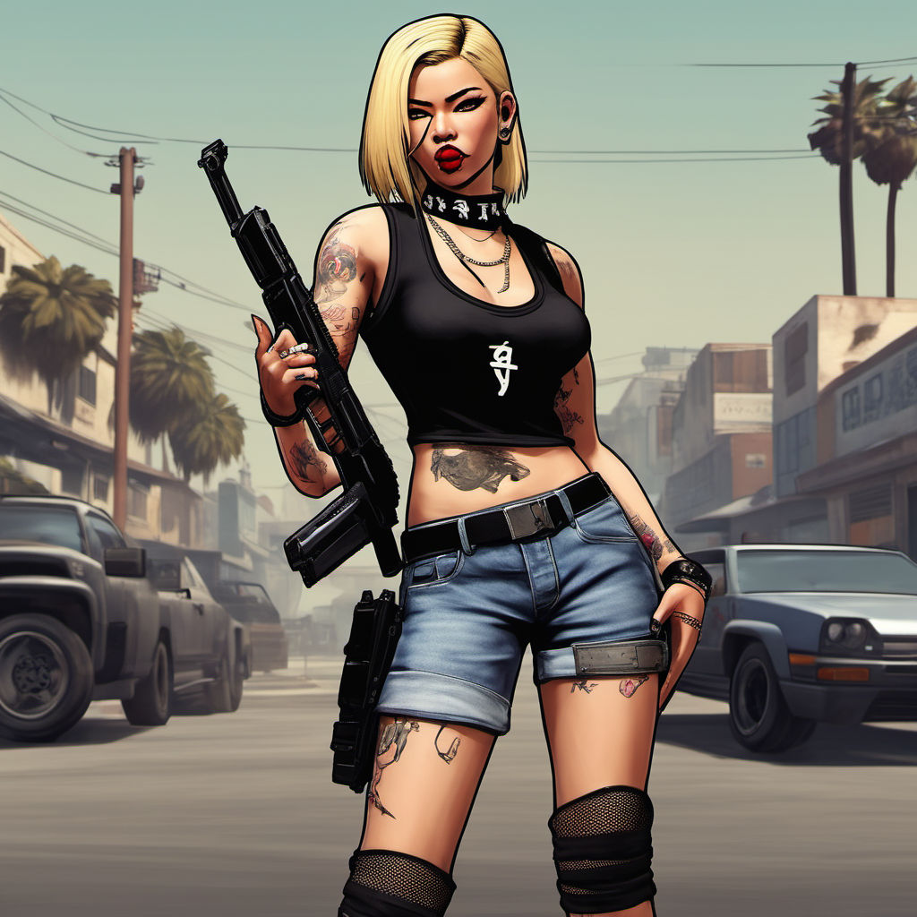 Rockstar game artwork. GTA 6 Lucia concept art. Gangsta girl with a double  uzi gun rig. She stick out her tongue and strike a sexy pose. Asian eyes.  Blond hair. Black gangsta