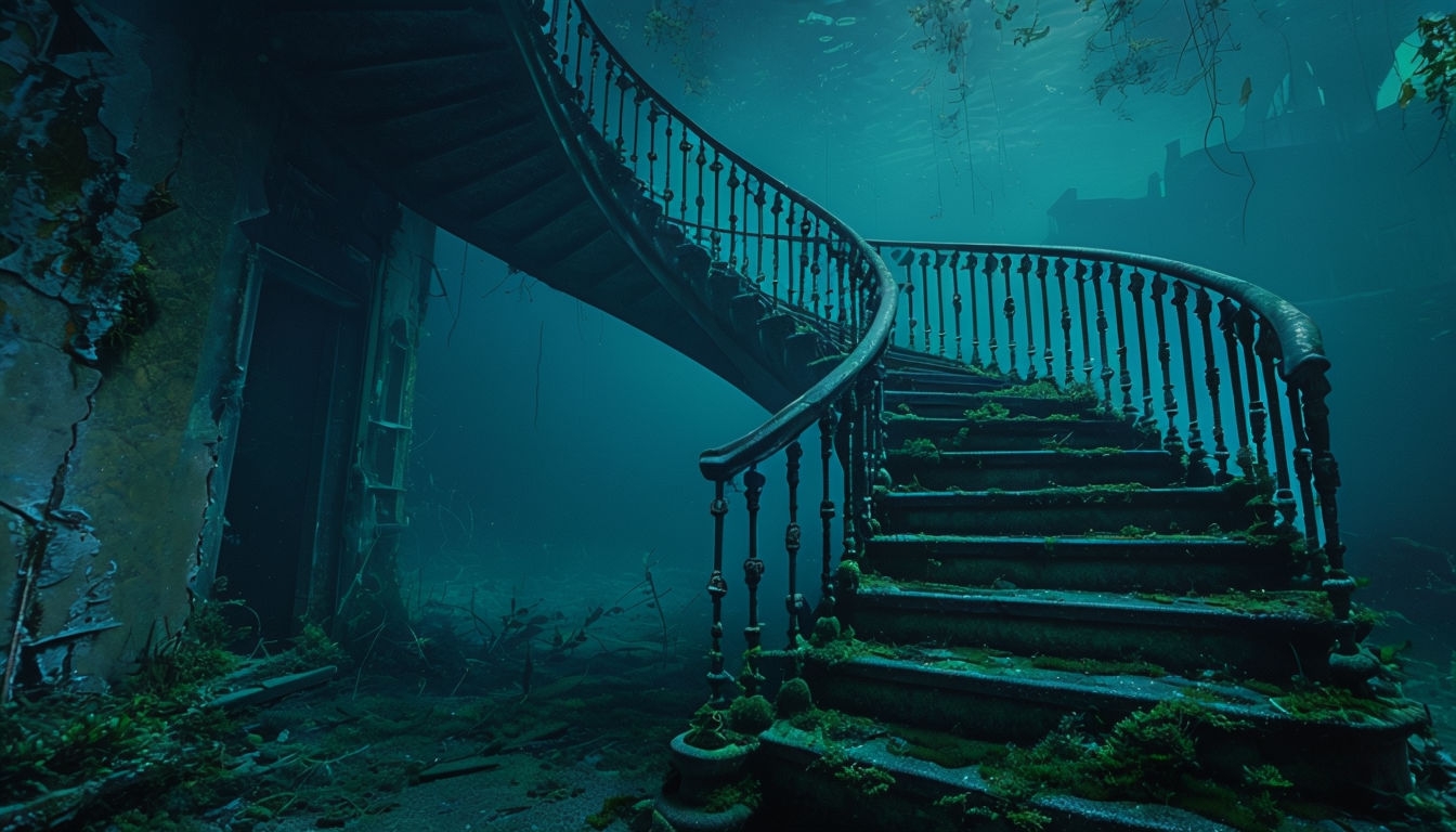 Eerie Abandoned Underwater Mansion with Spiral Staircase Background