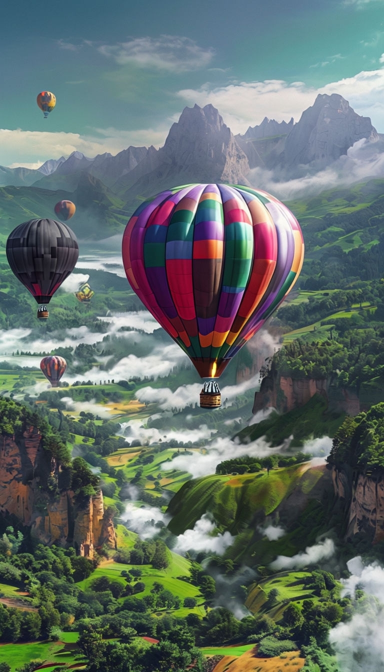 Colorful Hot Air Balloons Floating Over Lush Green Valley Mobile Wallpaper