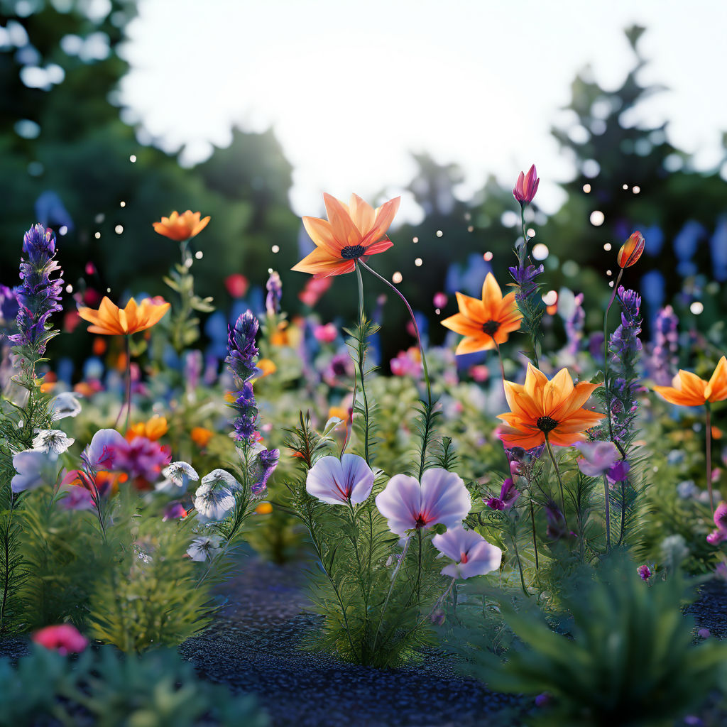 A botanical garden with flowers that bloom in patterns and s... by ...