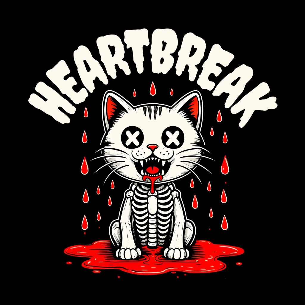 Dark Humor Heartbreak Cat Illustration T-Shirt