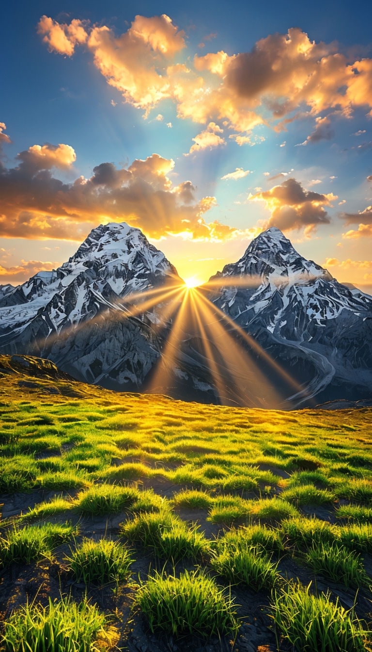 Serene Sunset Mountain Landscape with Lush Green Field Mobile Wallpaper