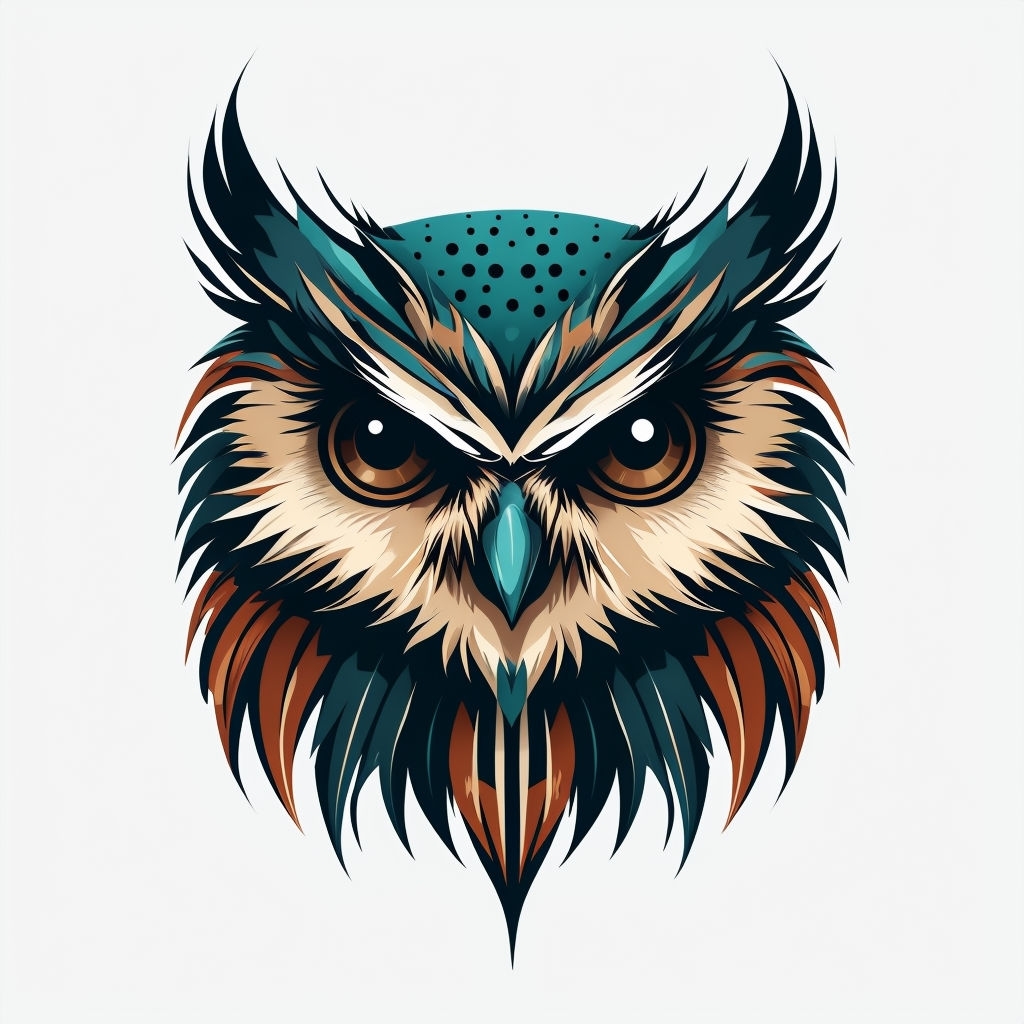 Stylized Teal and Navy Owl Head Illustration T-Shirt