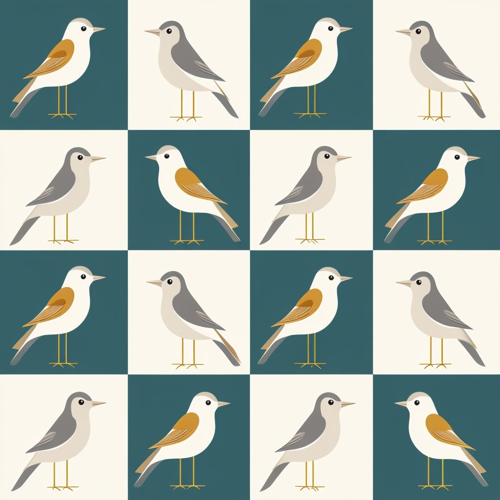 Modern Minimalist Bird Grid Pattern in Teal and Cream Seamless Pattern