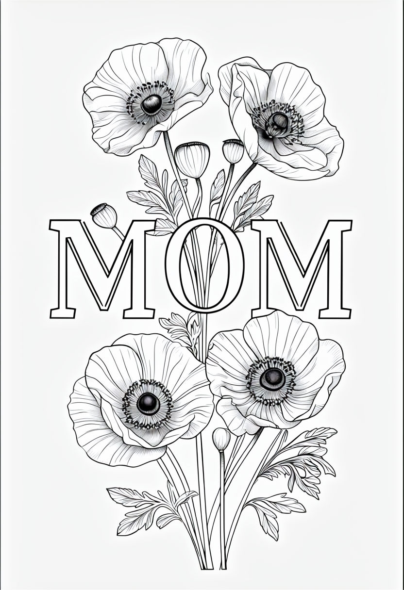Intricate MOM Typography with Flowers Coloring Book Page