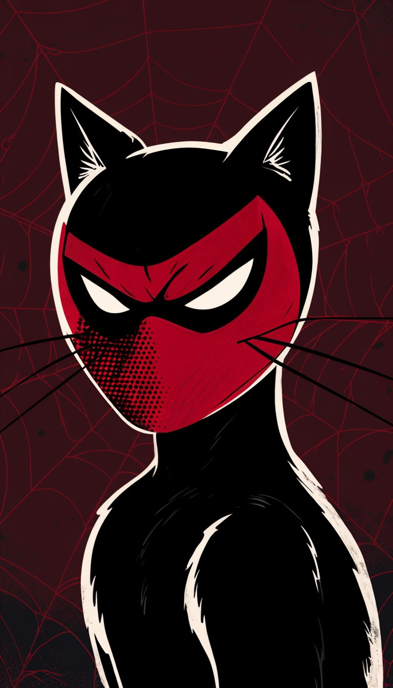 Mysterious Black Cat with Red Mask Comic Book Illustration Poster