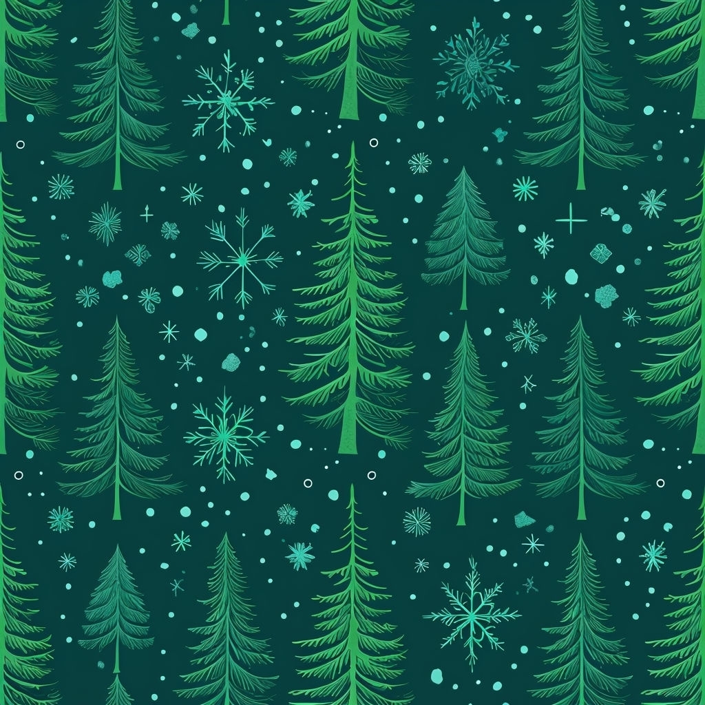 Stylized Evergreen Trees and Snowflakes Seamless Pattern