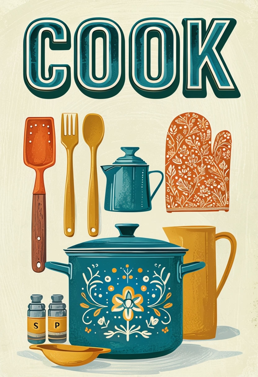 Vintage Kitchen Cookware Illustration with Bold Typography Poster