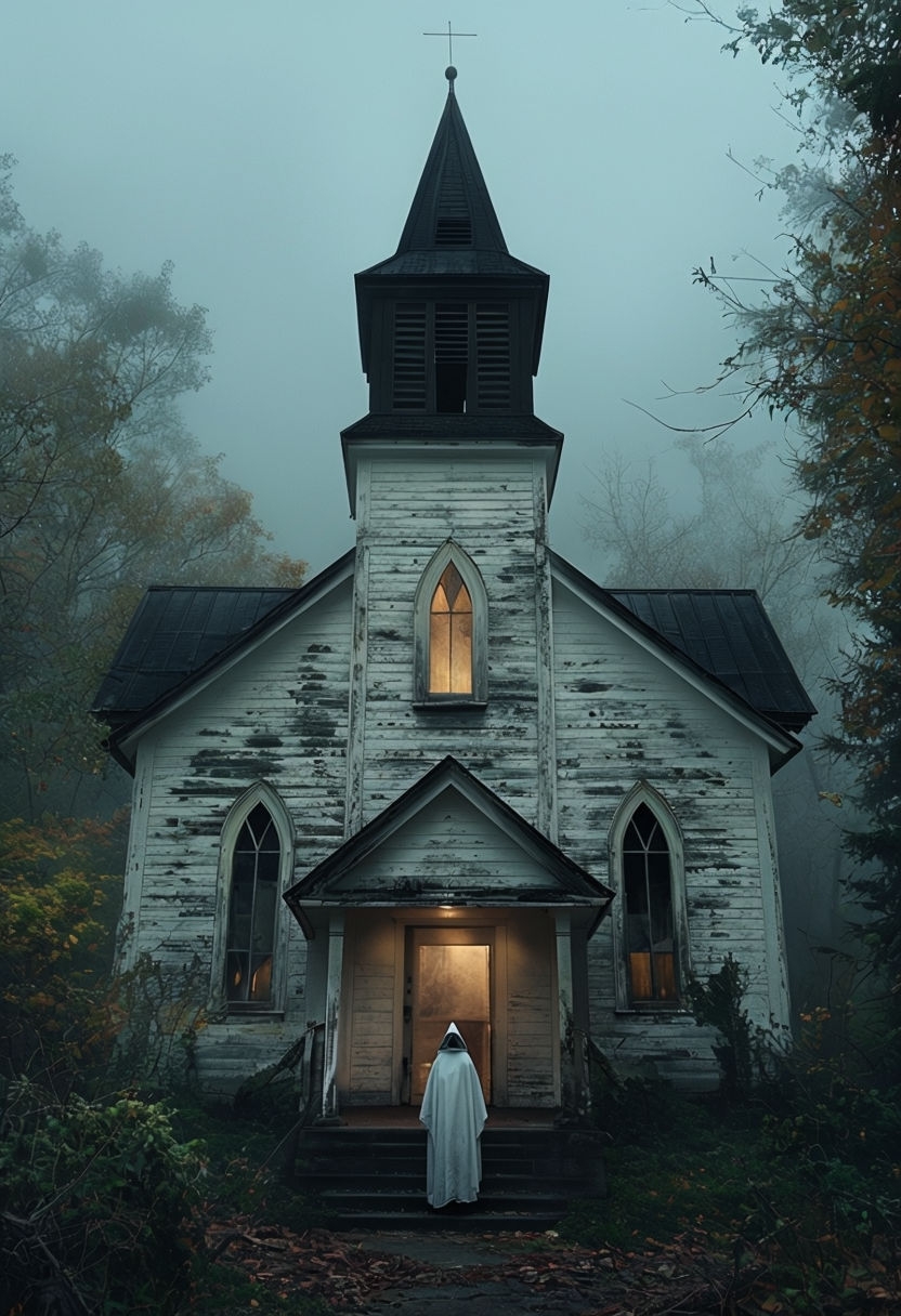 Eerie Abandoned Church in Foggy Landscape Art for Haunting Atmosphere