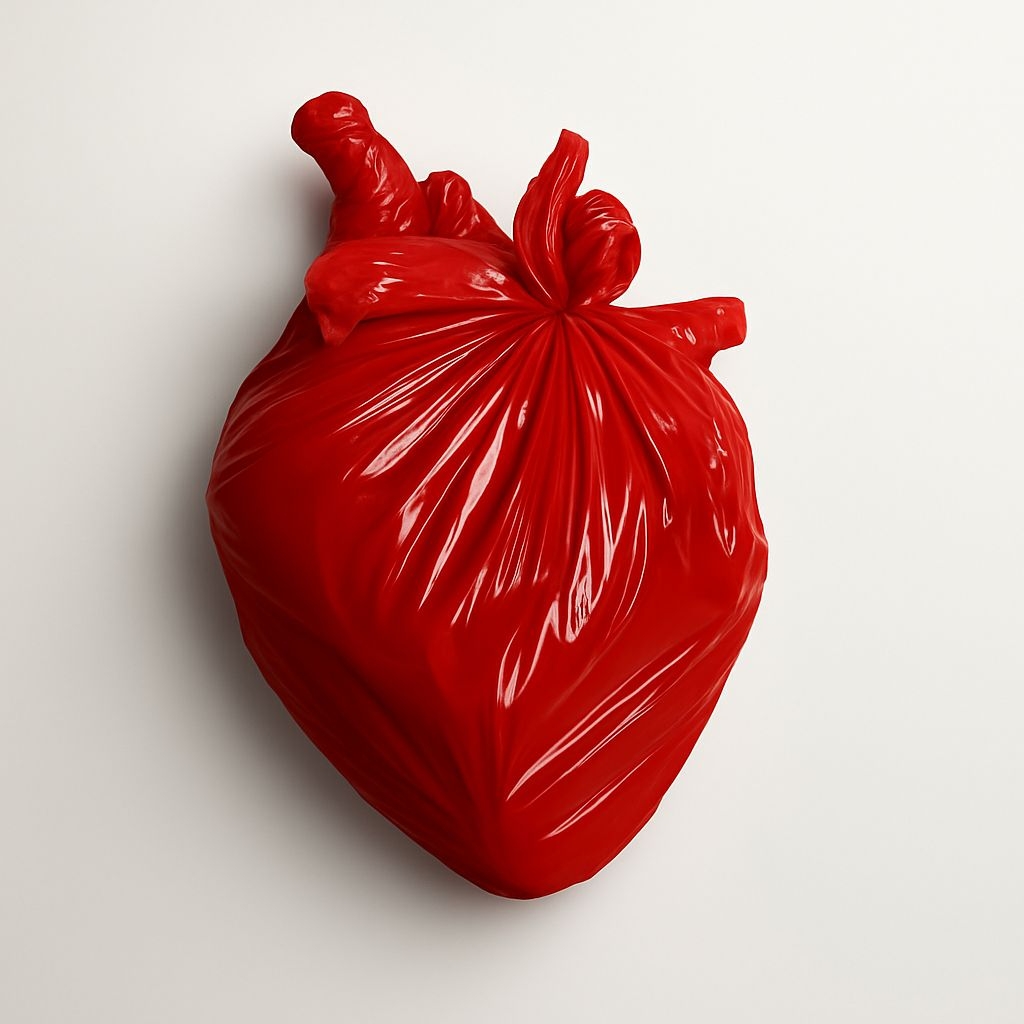 Red Garbage Bag Heart Art on Off-White Background