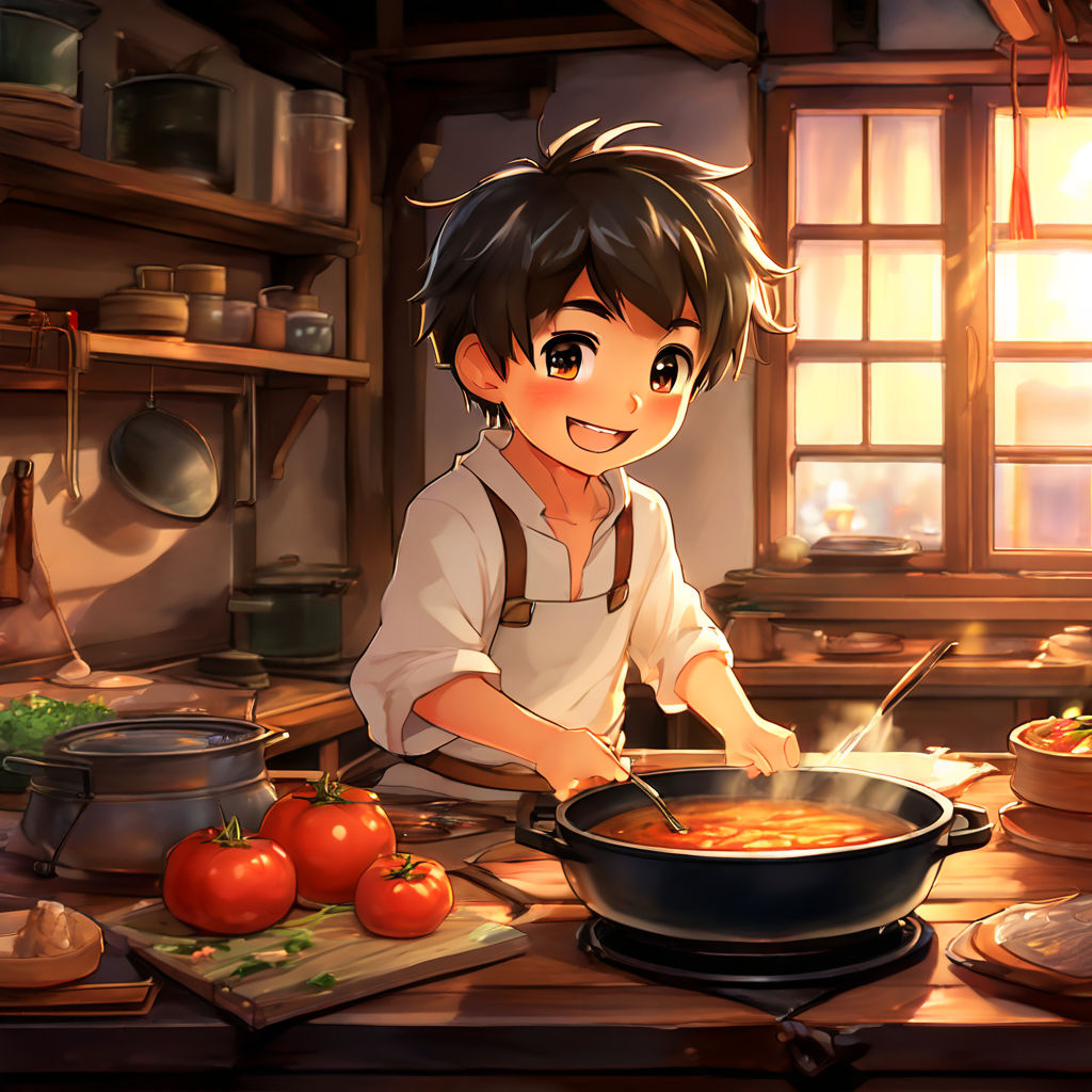 Anime boy cooking studio ghibli style by Matthew - Playground