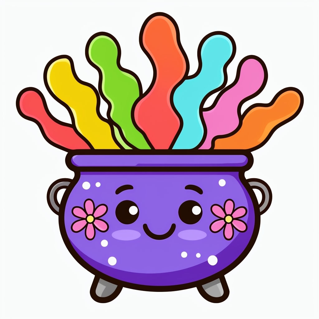Cheerful Purple Cauldron Character with Colorful Flames Sticker
