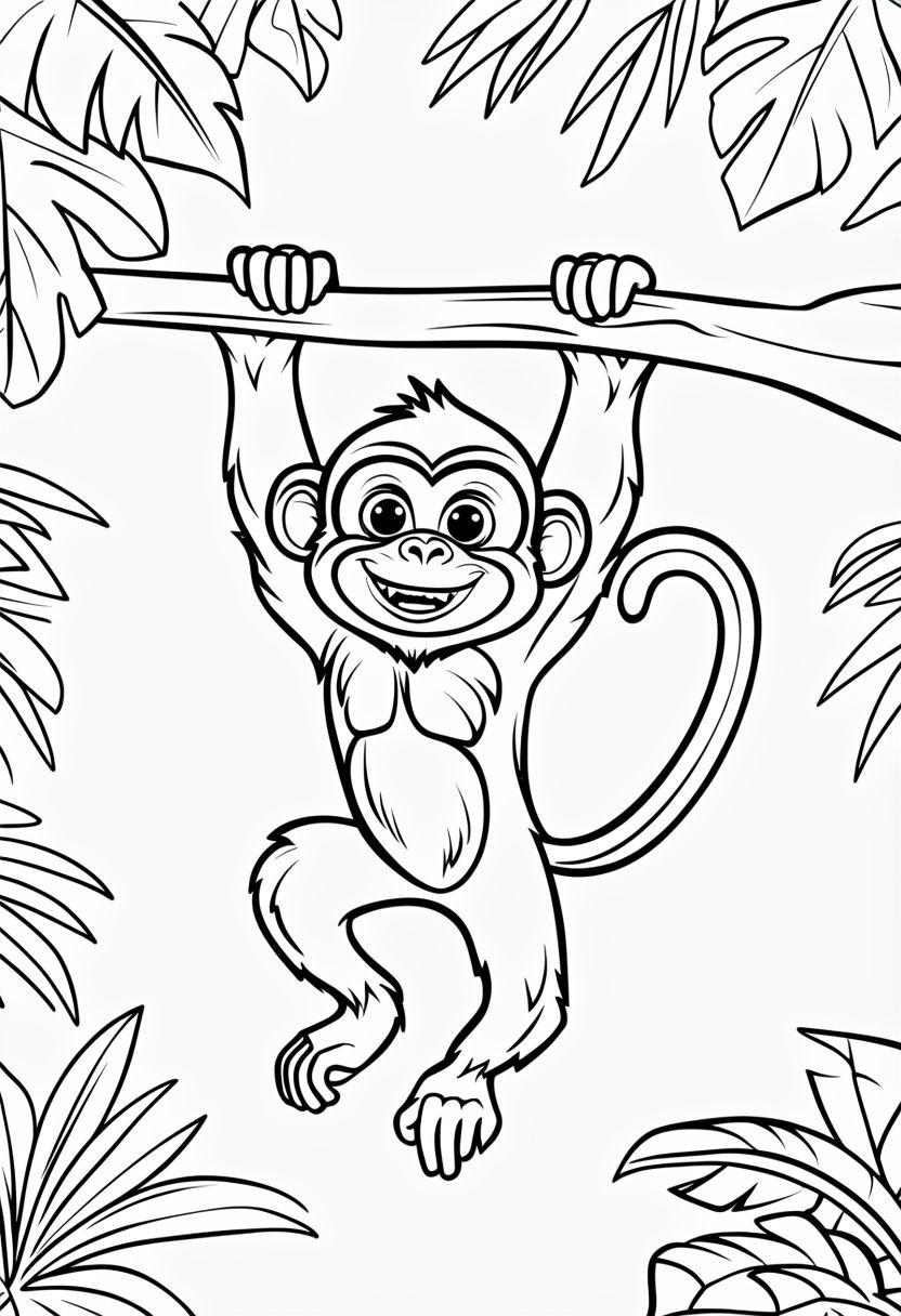 Playful Monkey Hanging from Branch Jungle Coloring Page