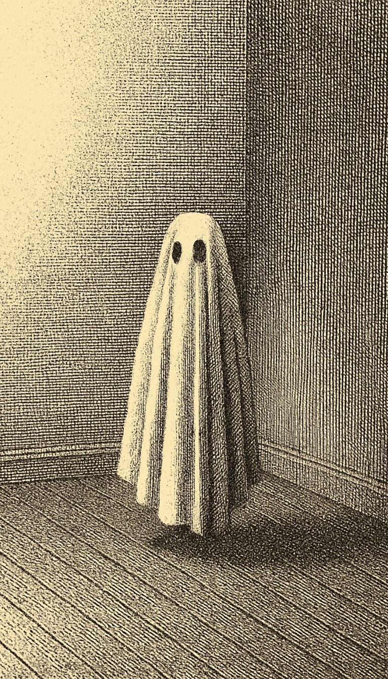 Eerie Ghostly Figure in Vintage Room Illustration Mobile Wallpaper