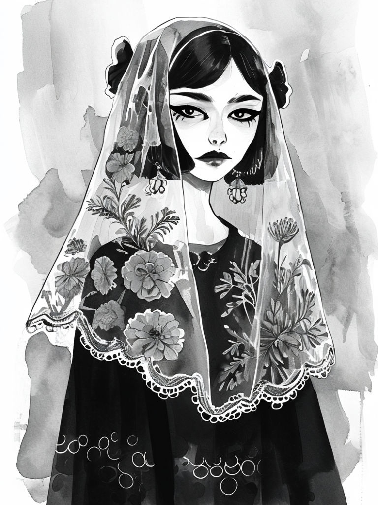 Monochromatic Watercolor Illustration of a Woman in Veil Art