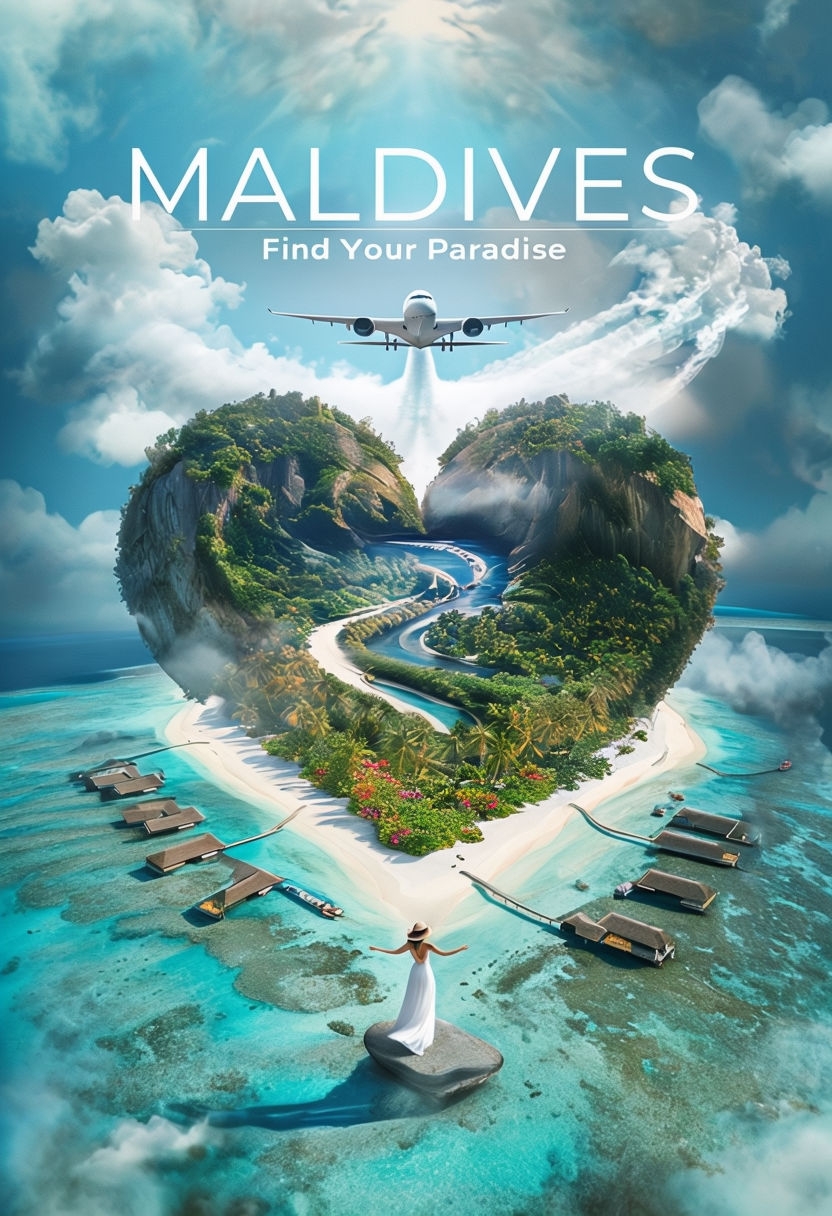 Heart-Shaped Tropical Paradise in the Maldives Illustration Social Media Post