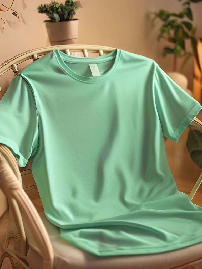 Mint Green Casual T-Shirt Mockup in Cozy Living Room Setting